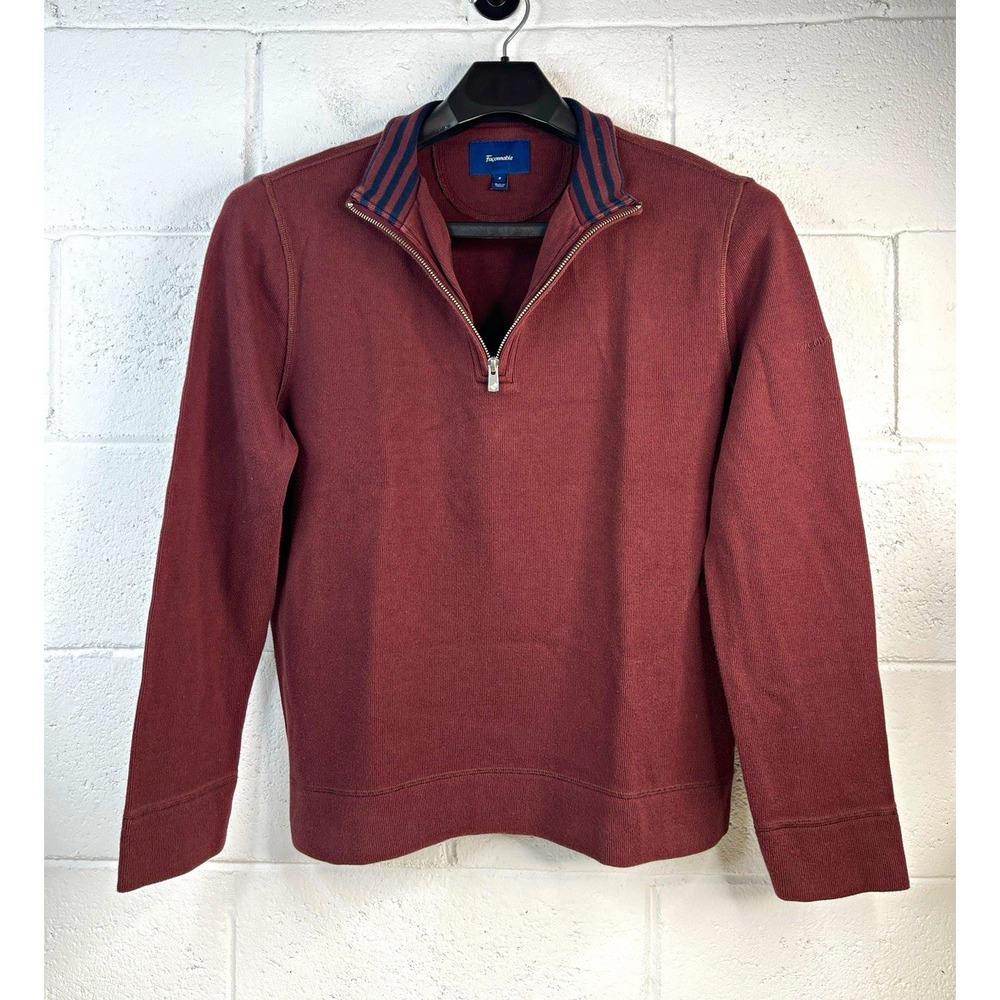 Faconnable Mens Quarter Zip Sweater Size S Burgundy Maroon 100% Cotton Striped